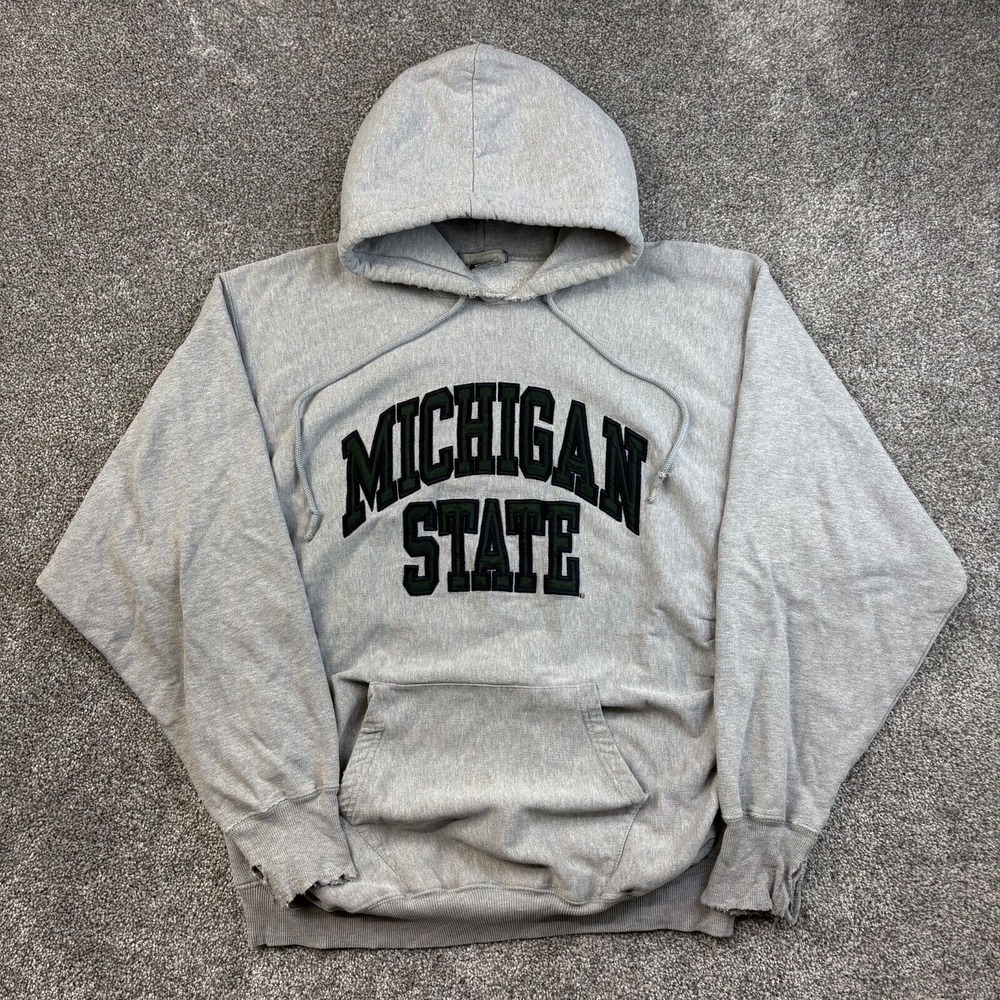 Vintage Michigan State Spartans Hoodie Mens Large Gray MSU Big Logo Steve Barrys